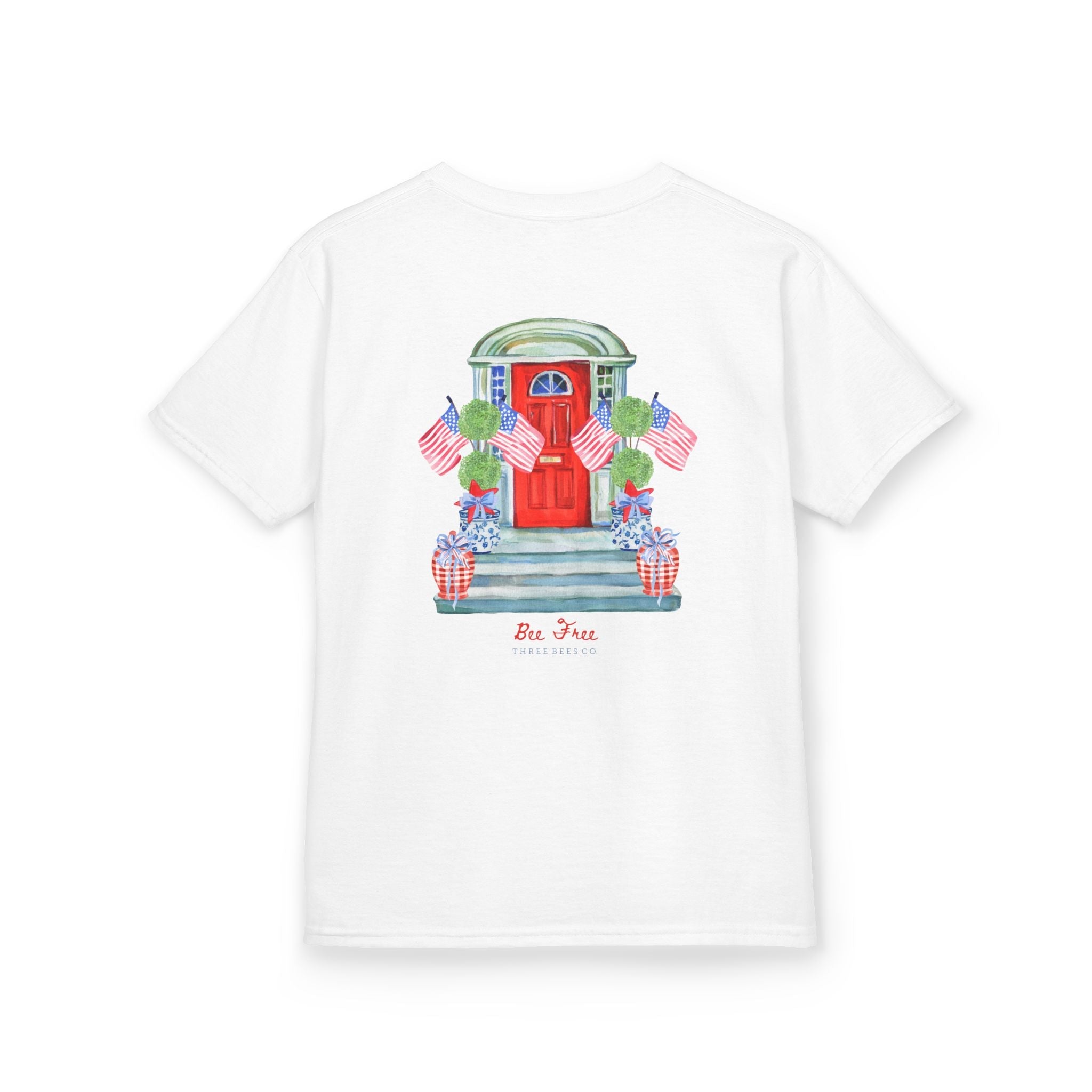Bee Free Patriotic American Flag Front Porch Girls Short Sleeve Youth Hive Tee