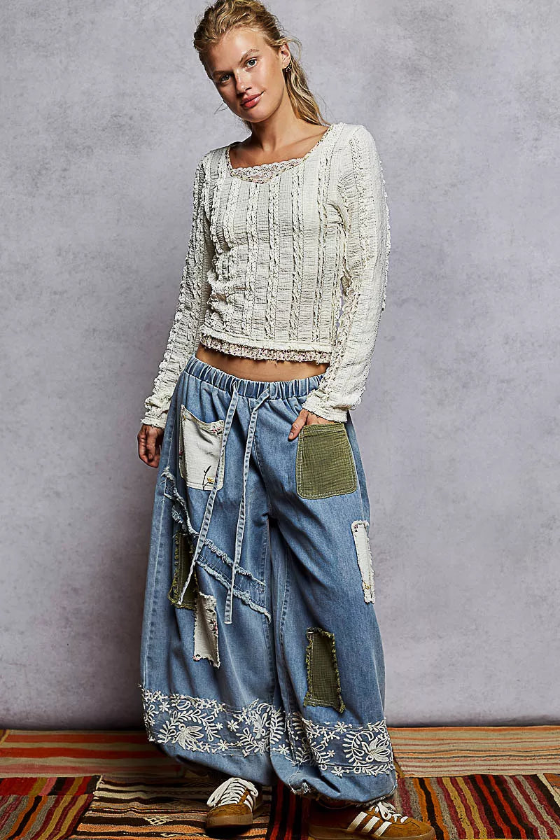 POL Texture Long Sleeve Blouse with Floral Ruffled