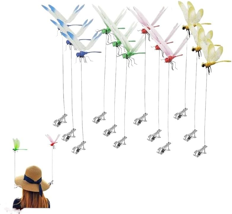12 - Count Outdoor Fake Dragonfly Rod Clips, 3D Metal Dragonfly Garden Decorations, Natural Organic Concept, Indoor & Outdoor Garden Bird/Fly Interference Devices（Super Good qualiey） (4)