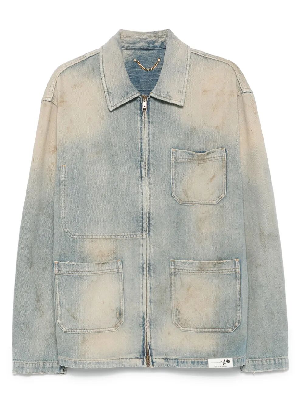 Golden Goose Men "Journey" Man`S Mackenzie Work Jacket Full Zip Cotton Denim Officina Wash
