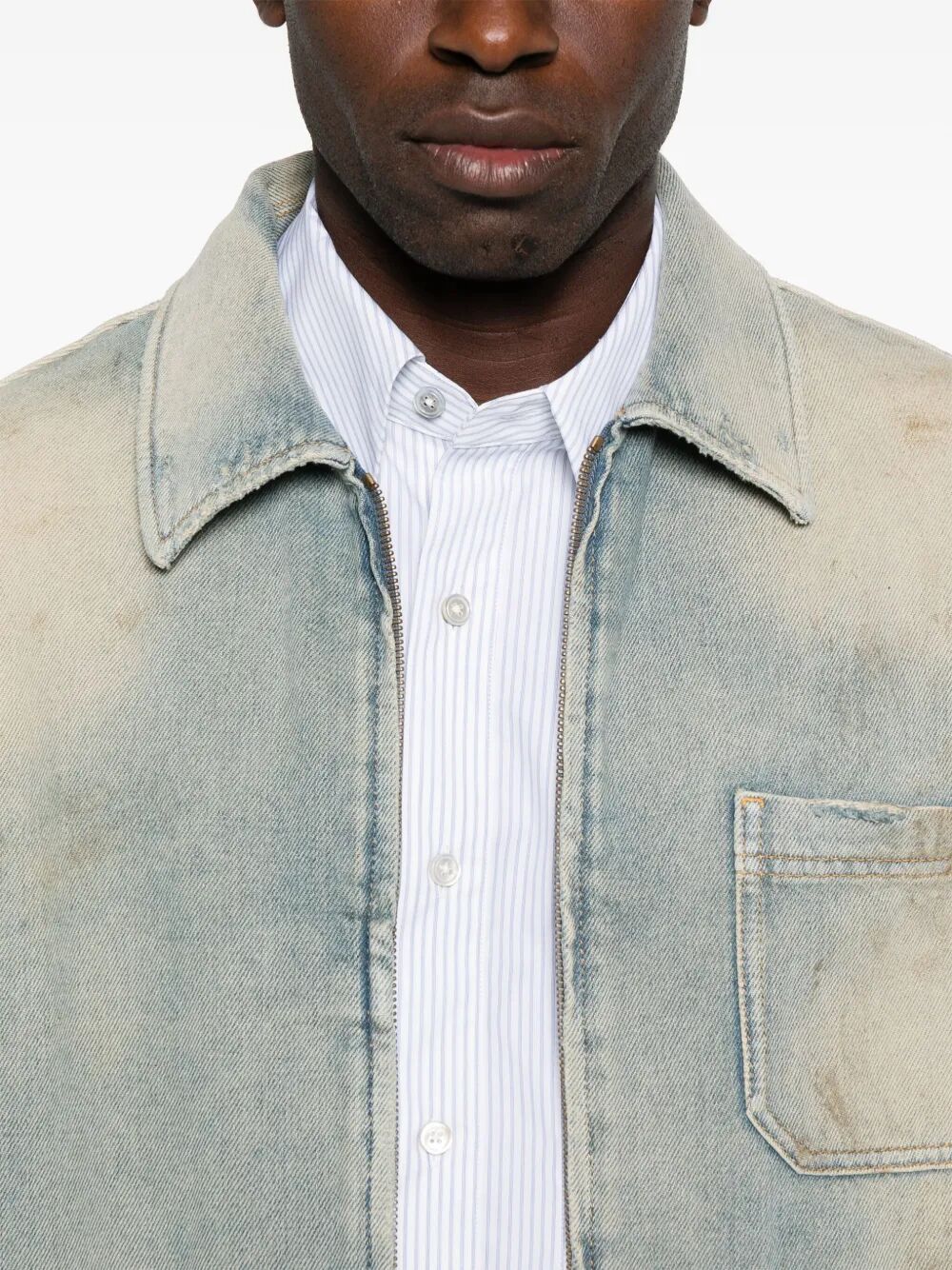 Golden Goose Men "Journey" Man`S Mackenzie Work Jacket Full Zip Cotton Denim Officina Wash