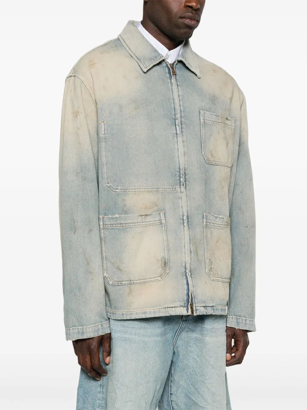 Golden Goose Men "Journey" Man`S Mackenzie Work Jacket Full Zip Cotton Denim Officina Wash