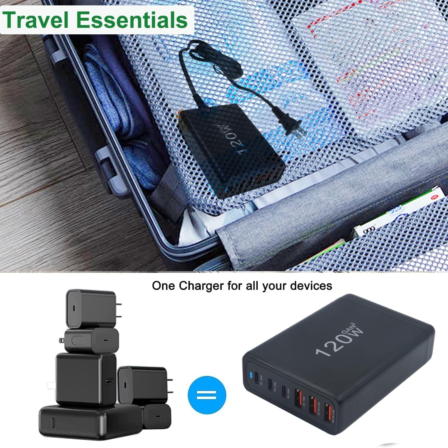 120W Fast Charger QC3.0 GaN USB C Phone Charger 6 Ports Universal Tablet Laptop Charging Block Multiple USB Charger