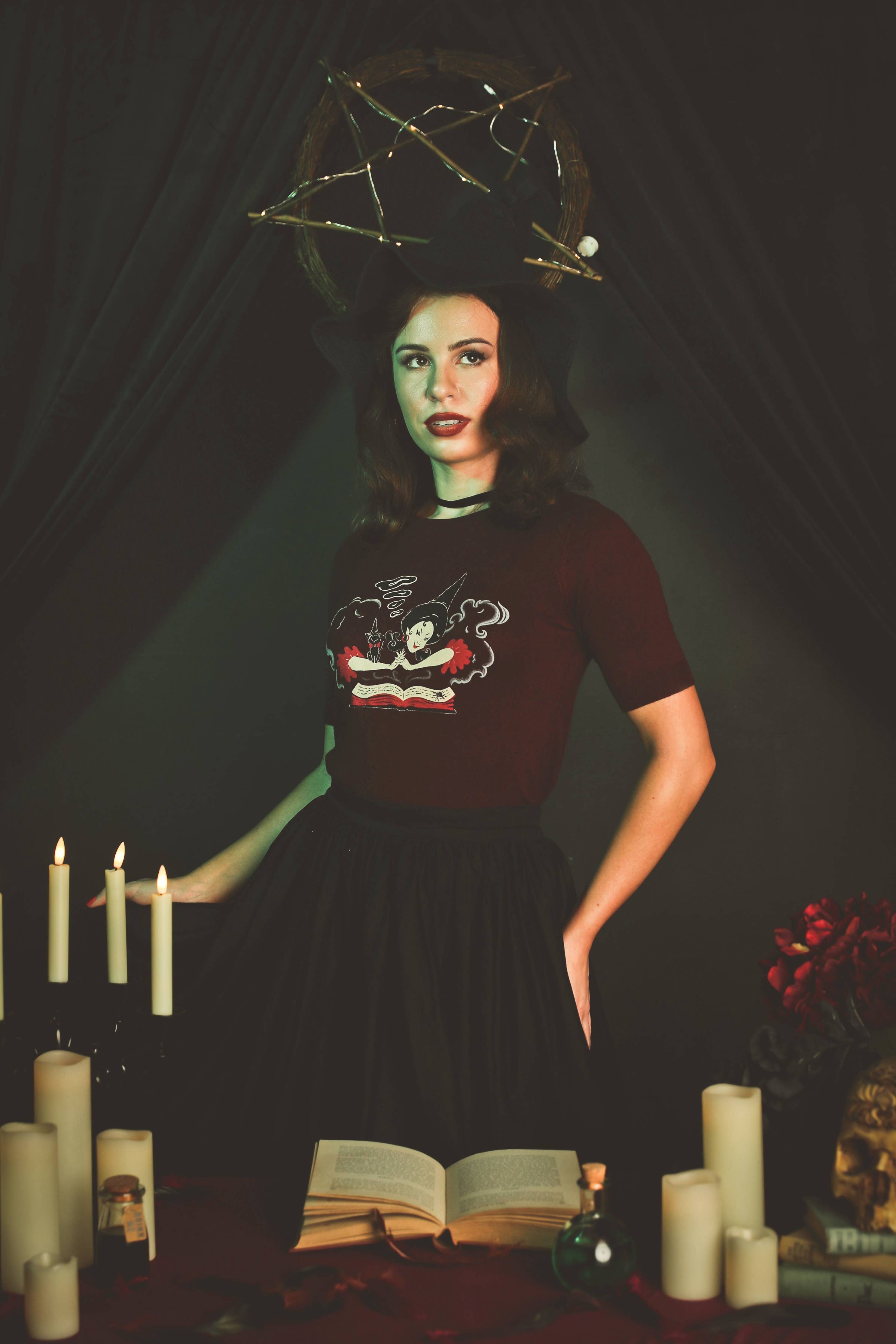 Witch Bible short sleeve Sweater in Burgundy by Mischief Made - LARGE