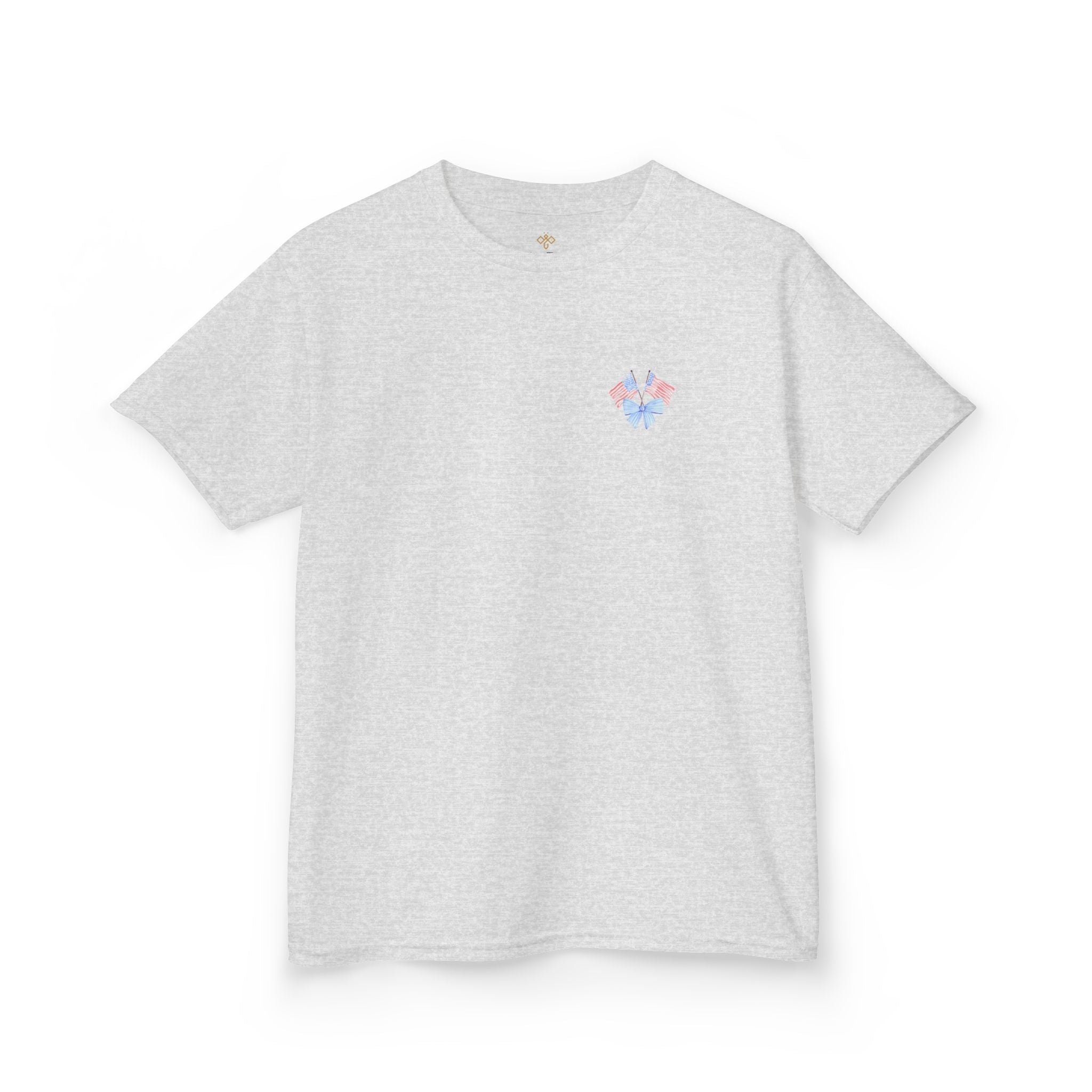 Bee Patriotic American Flag with Bow Girls Short Sleeve Youth Heavy Cotton Gildan Hive Tee