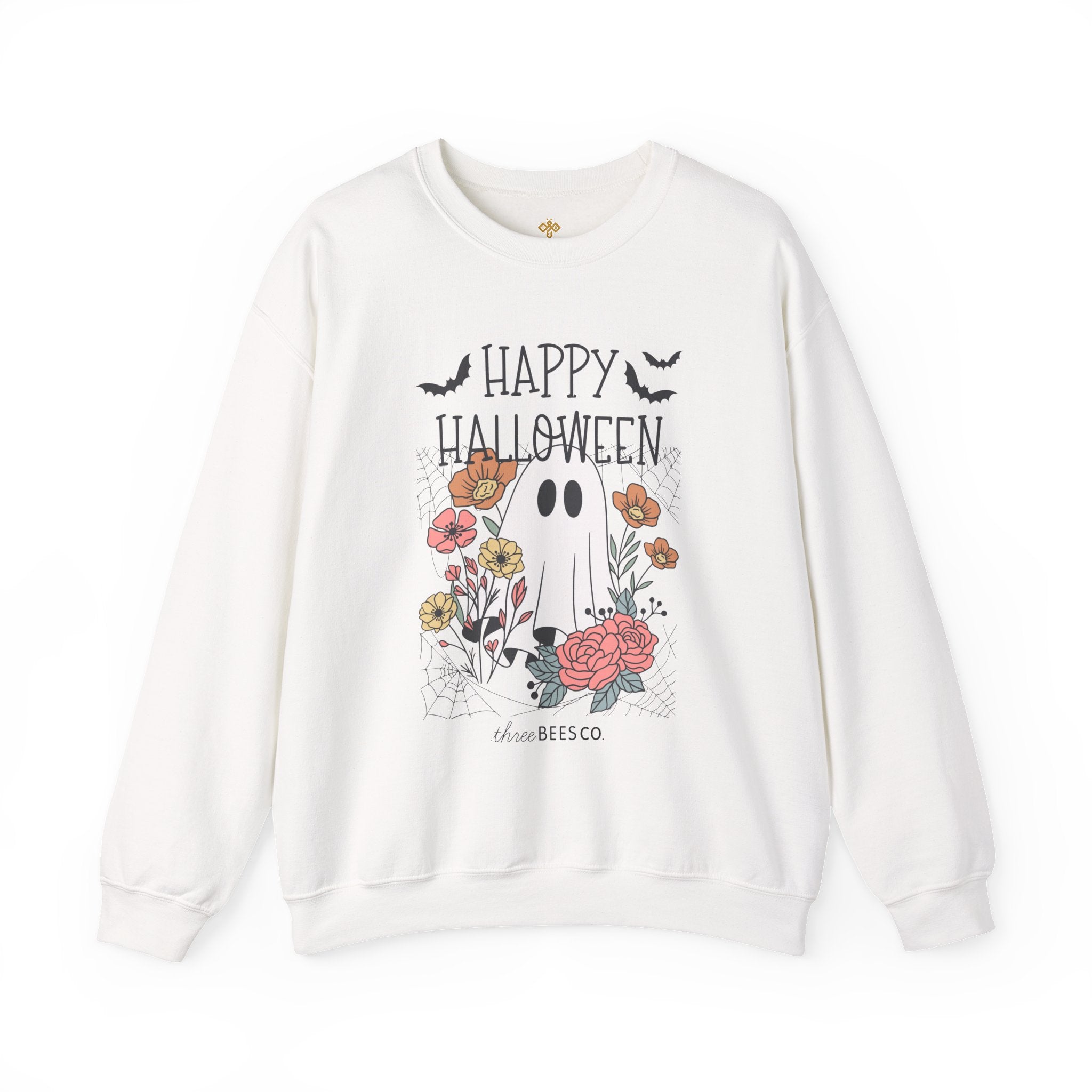 Happy Halloween Ghost Floral Sweatshirt | Cozy Gildan Unisex Crewneck, Three Bees Co. Fall Fashion, Halloween Apparel, Spooky Season Essentials