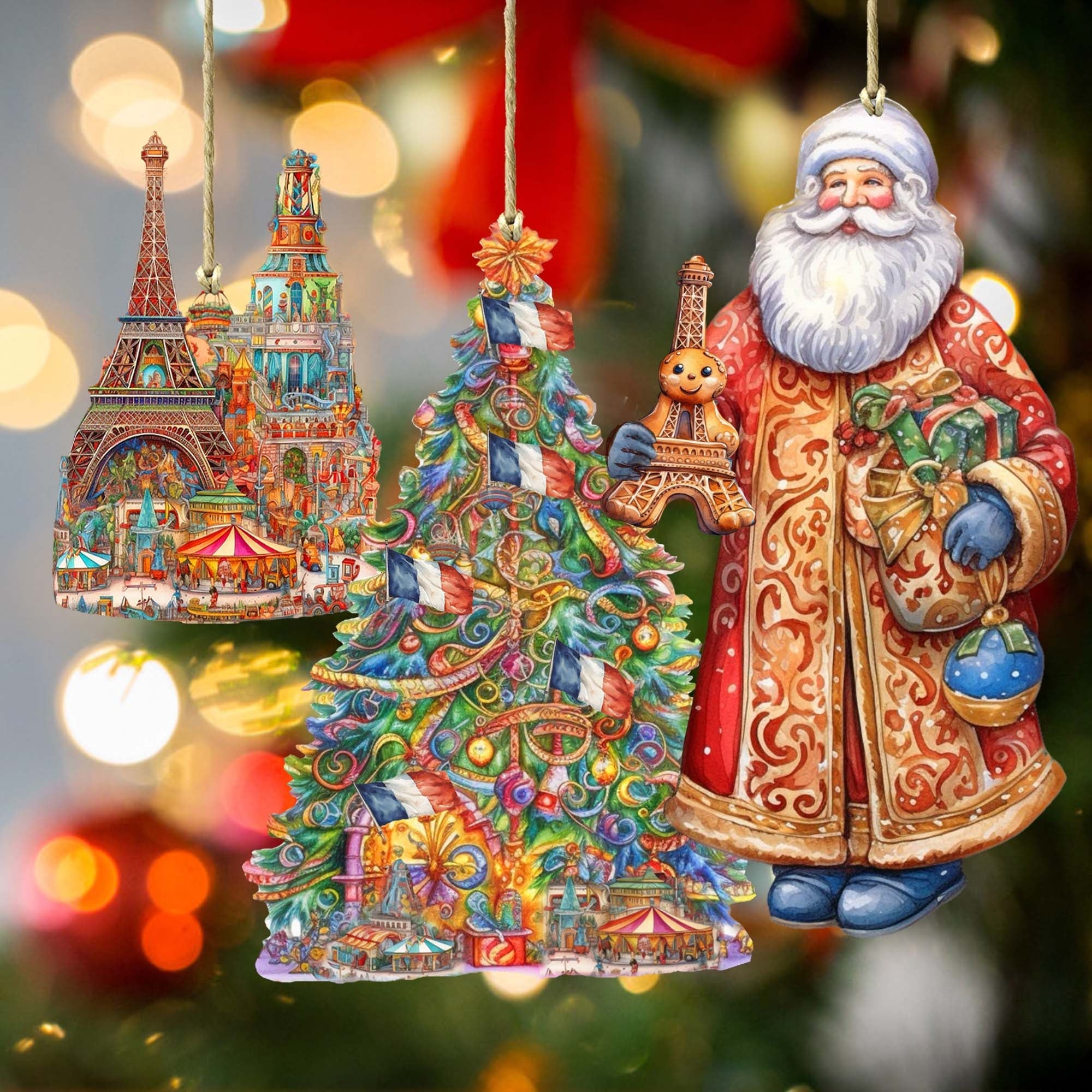 Santas Around the World - French Inspired Santa - Wooden Ornaments Set of 3 by G. DeBrekht Christmas Santa Snowman Decor - 8091303S3