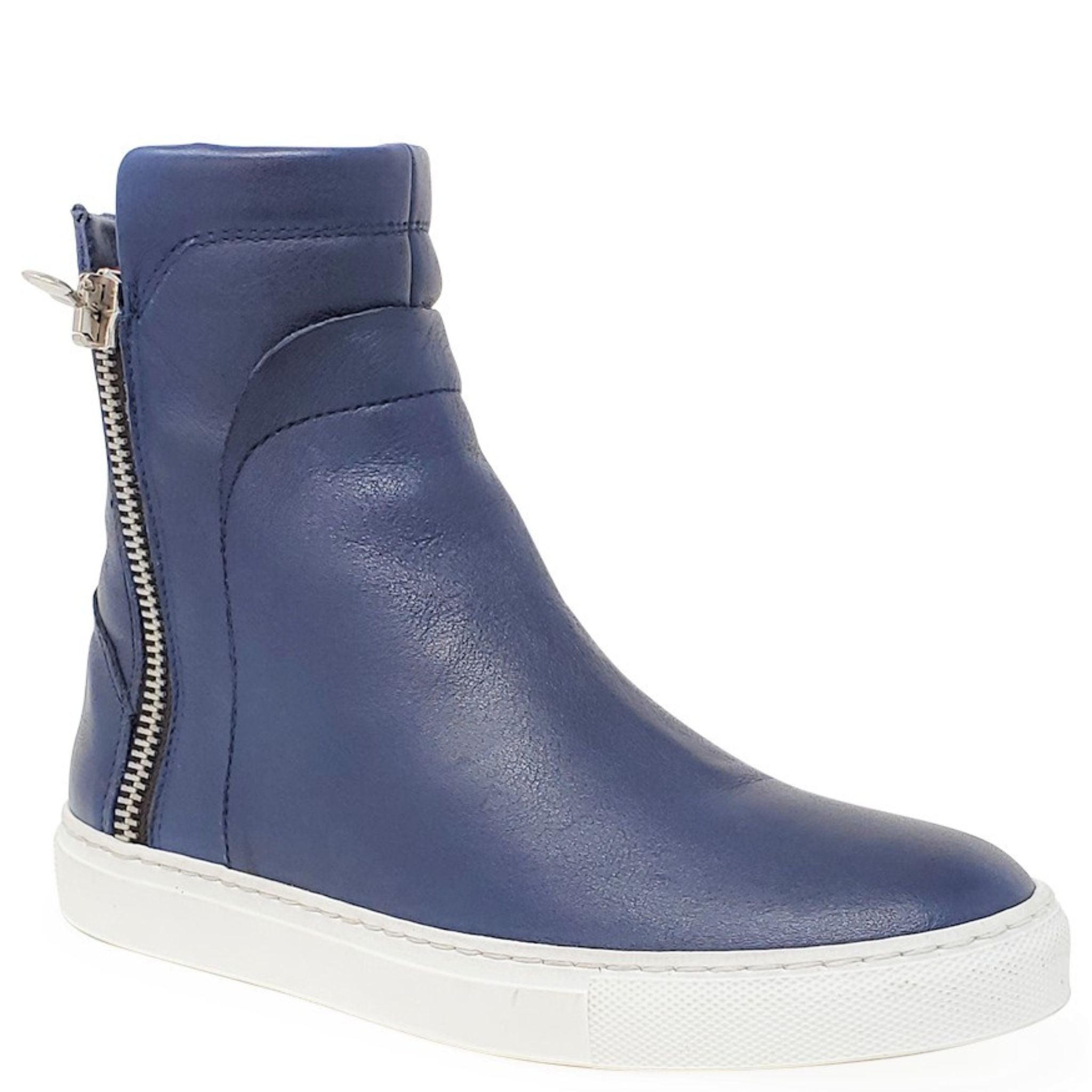 Navy Leather Double Zip Shearling Boot