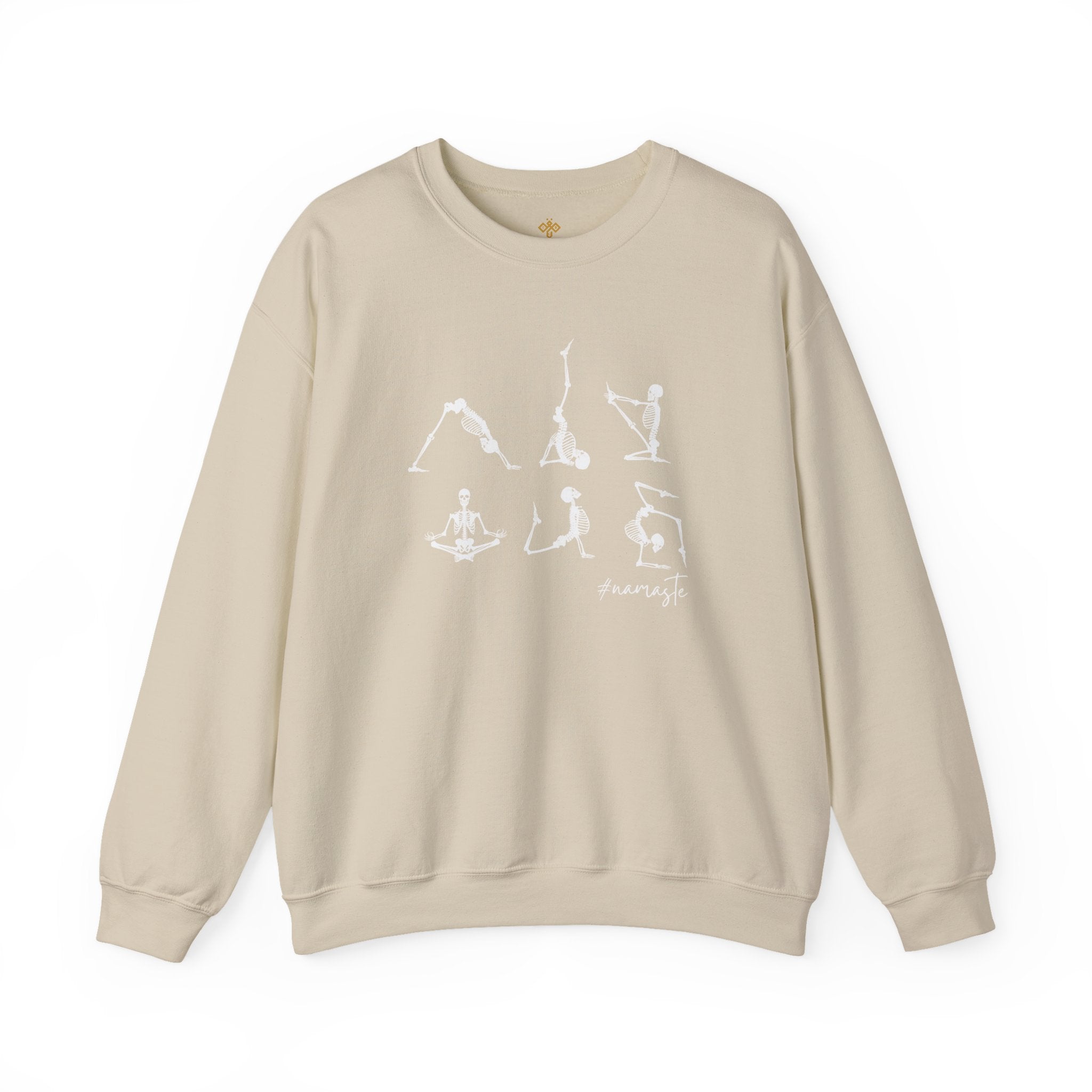 Namaste Halloween Yoga Skeleton Sweatshirt | Cozy Gildan Unisex Crewneck, Three Bees Co. Fall Fashion, Halloween Apparel, Spooky Season Essentials