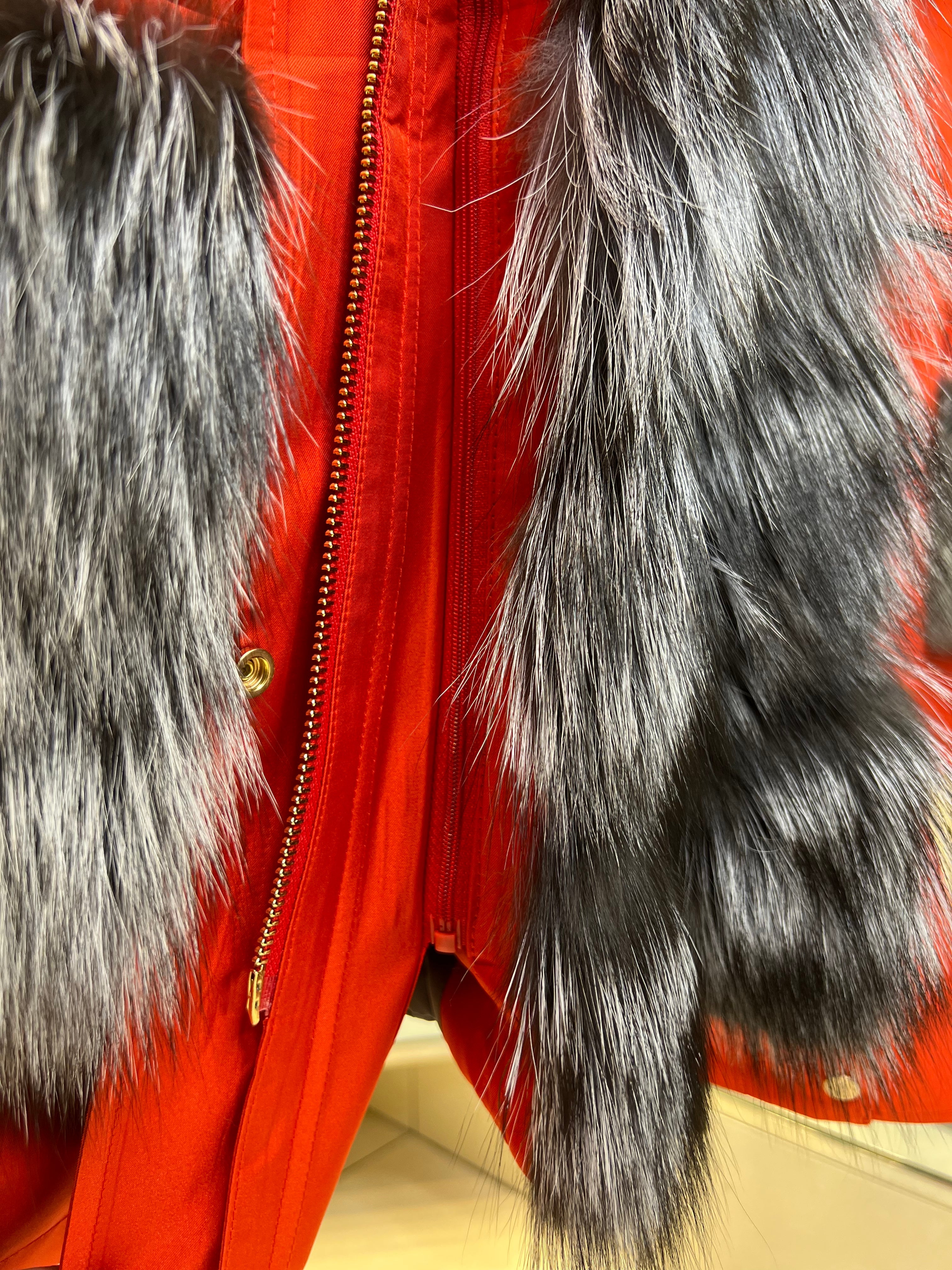 Roma Genuine Silver Fox Fur Rabbit Fur Insulated Parka in Red
