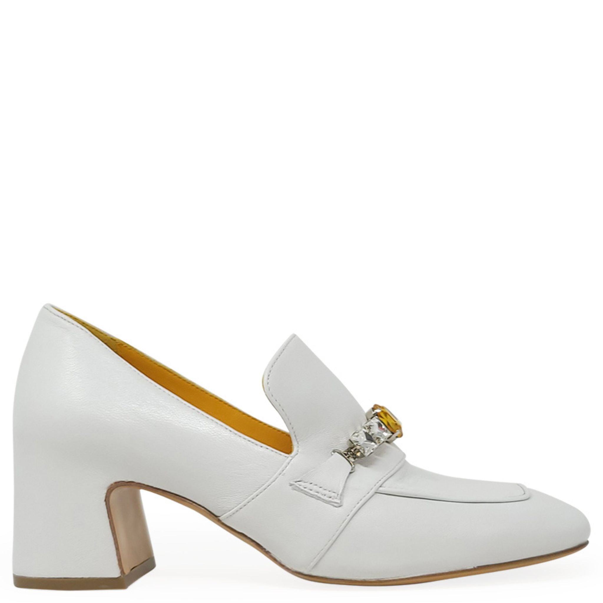 White Leather Mid Heel Jeweled Loafer