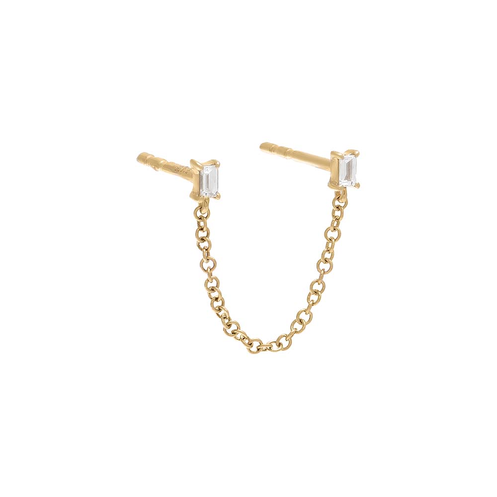 14K Gold Diamond Double Baguette Chain Stud Earring 14K - Adina's Jewels