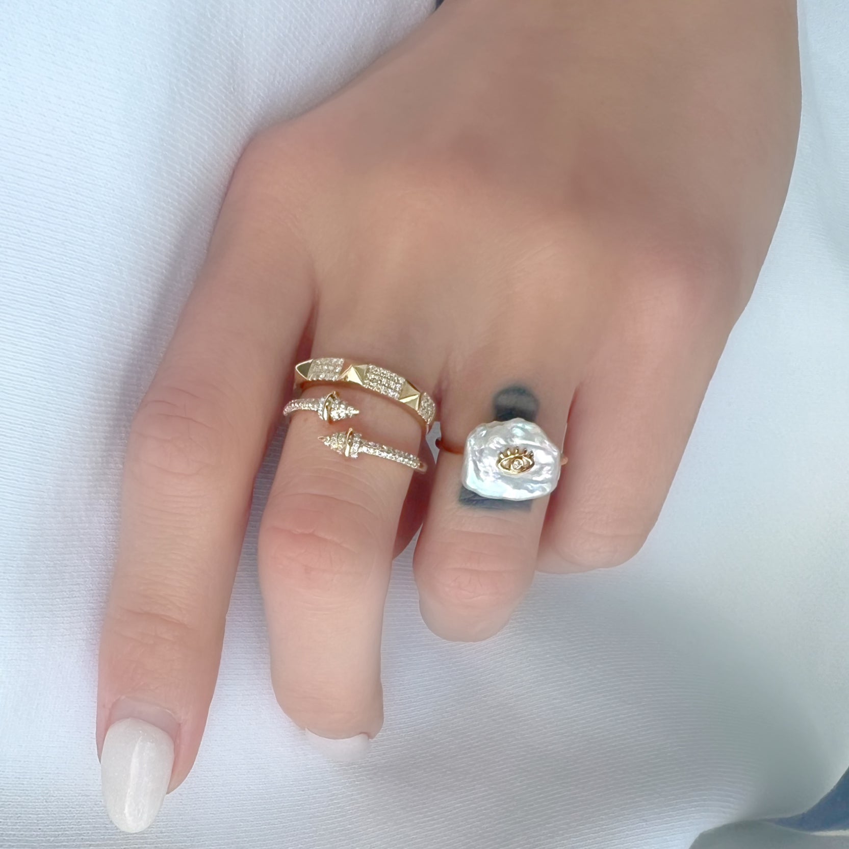 14K Gold 3-Row Pave Pyramid Studs Diamond Ring - Rings - Izakov Diamonds + Fine Jewelry
