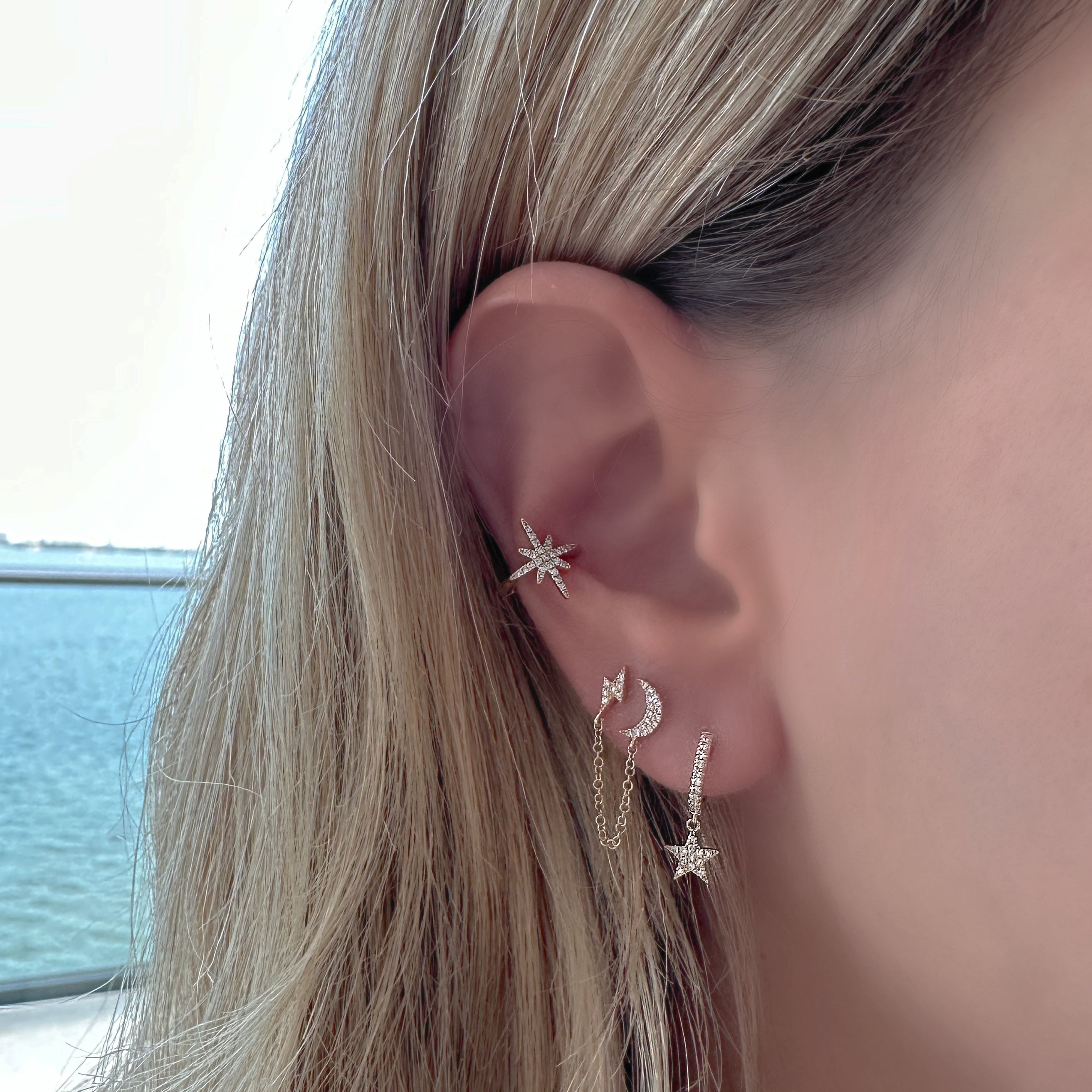 14K Gold Diamond Pave Chained Lightning Bolt & Moon Double Earring - Earrings - Izakov Diamonds + Fine Jewelry