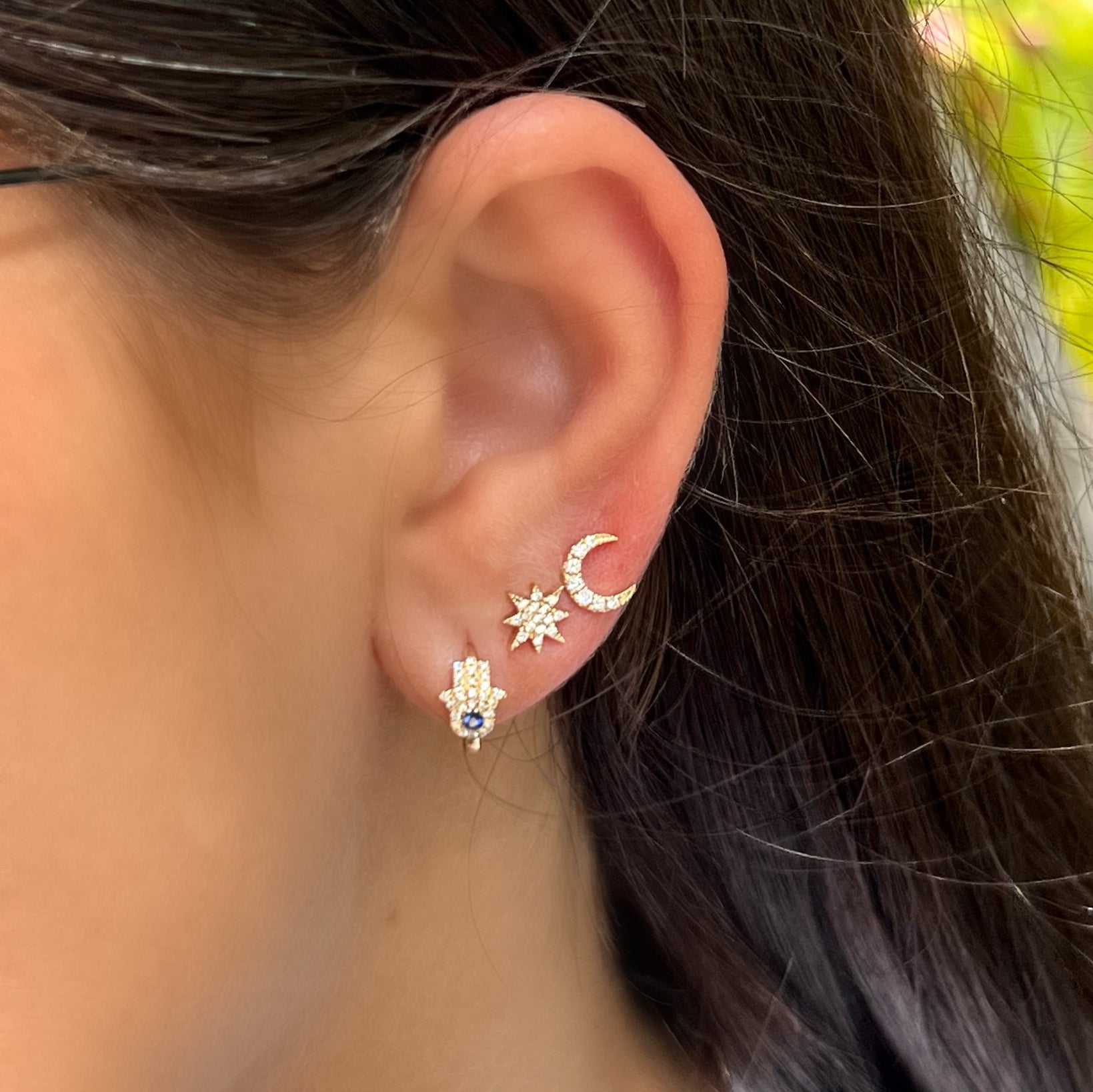 14K Gold Micro Pave Diamond Blue Hamsa Huggies - Earrings - Izakov Diamonds + Fine Jewelry