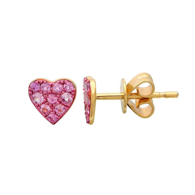 14K Gold Micro Pave Gemstone Heart Button Earrings Yellow Gold Pink Sapphire Earrings by Izakov Diamonds + Fine Jewelry | Izakov