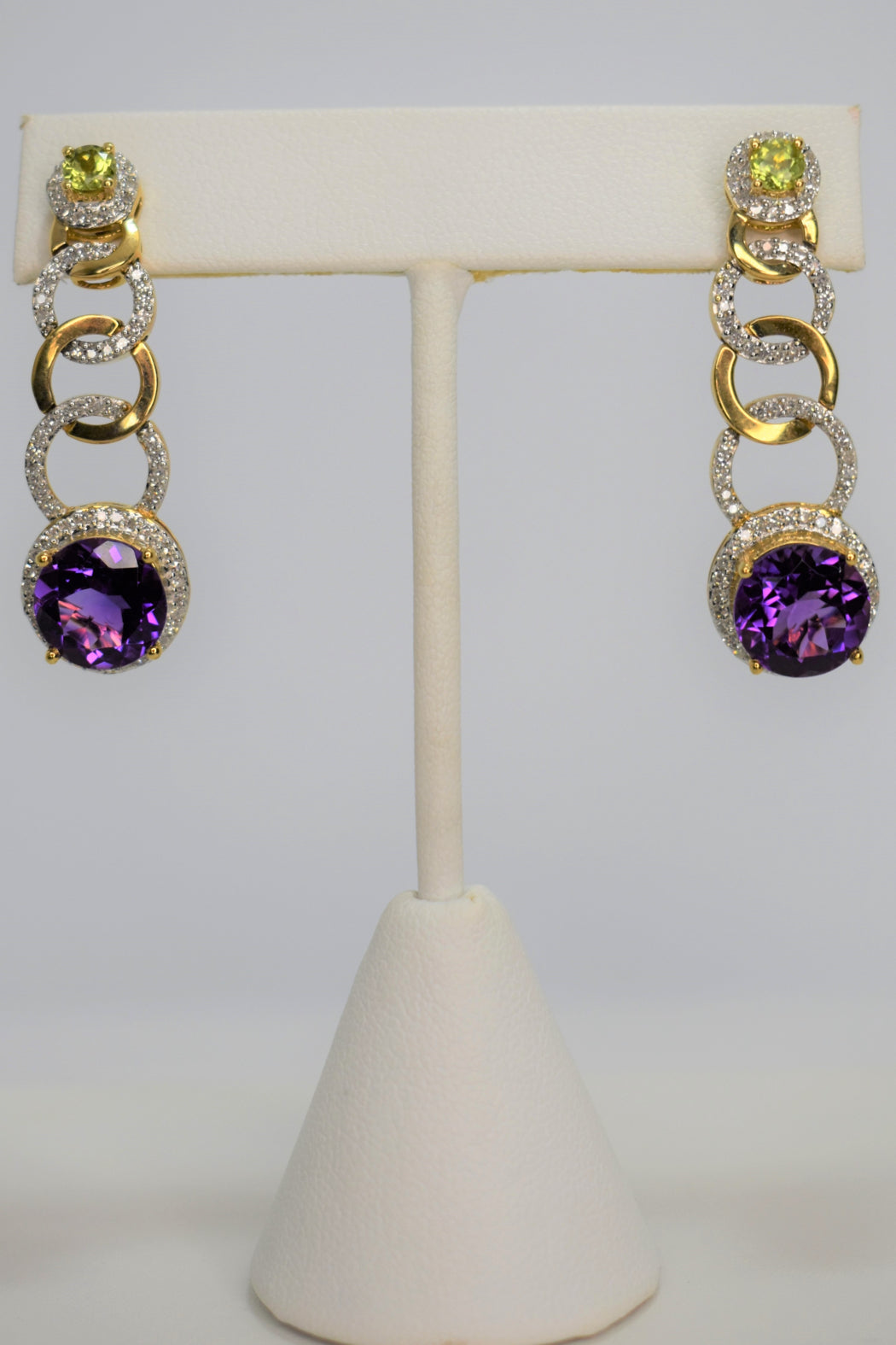 14kt Yellow Gold Peridot, Amethyst  & Diamond Earrings