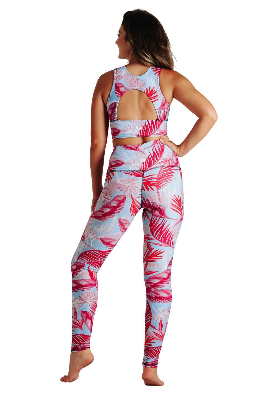 Yoga Democracy Women's Eco-friendly Free Range yoga sports Bra in Hot Tropic print Flamingo Pink and baby blue colors made in the USA from post consumer recycled plastic