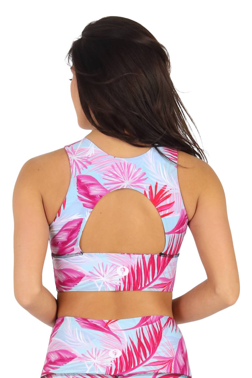 Yoga Democracy Women's Eco-friendly Free Range yoga sports Bra in Hot Tropic print Flamingo Pink and baby blue colors made in the USA from post consumer recycled plastic