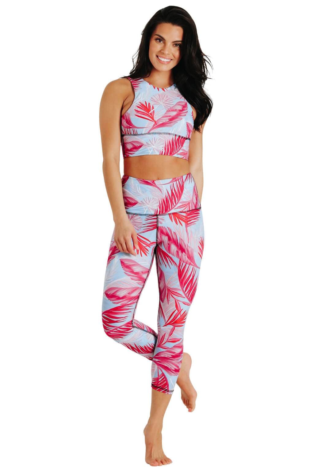 Yoga Democracy Women's Eco-friendly Free Range yoga sports Bra in Hot Tropic print Flamingo Pink and baby blue colors made in the USA from post consumer recycled plastic