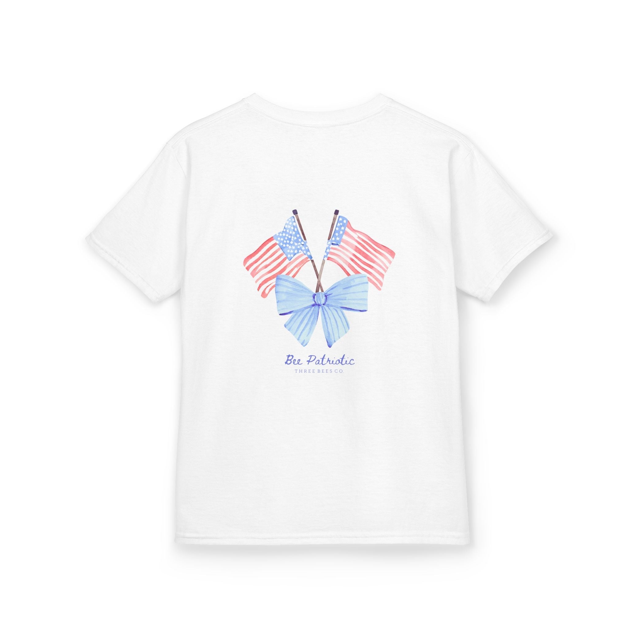 Bee Patriotic American Flag with Bow Girls Short Sleeve Youth Heavy Cotton Gildan Hive Tee
