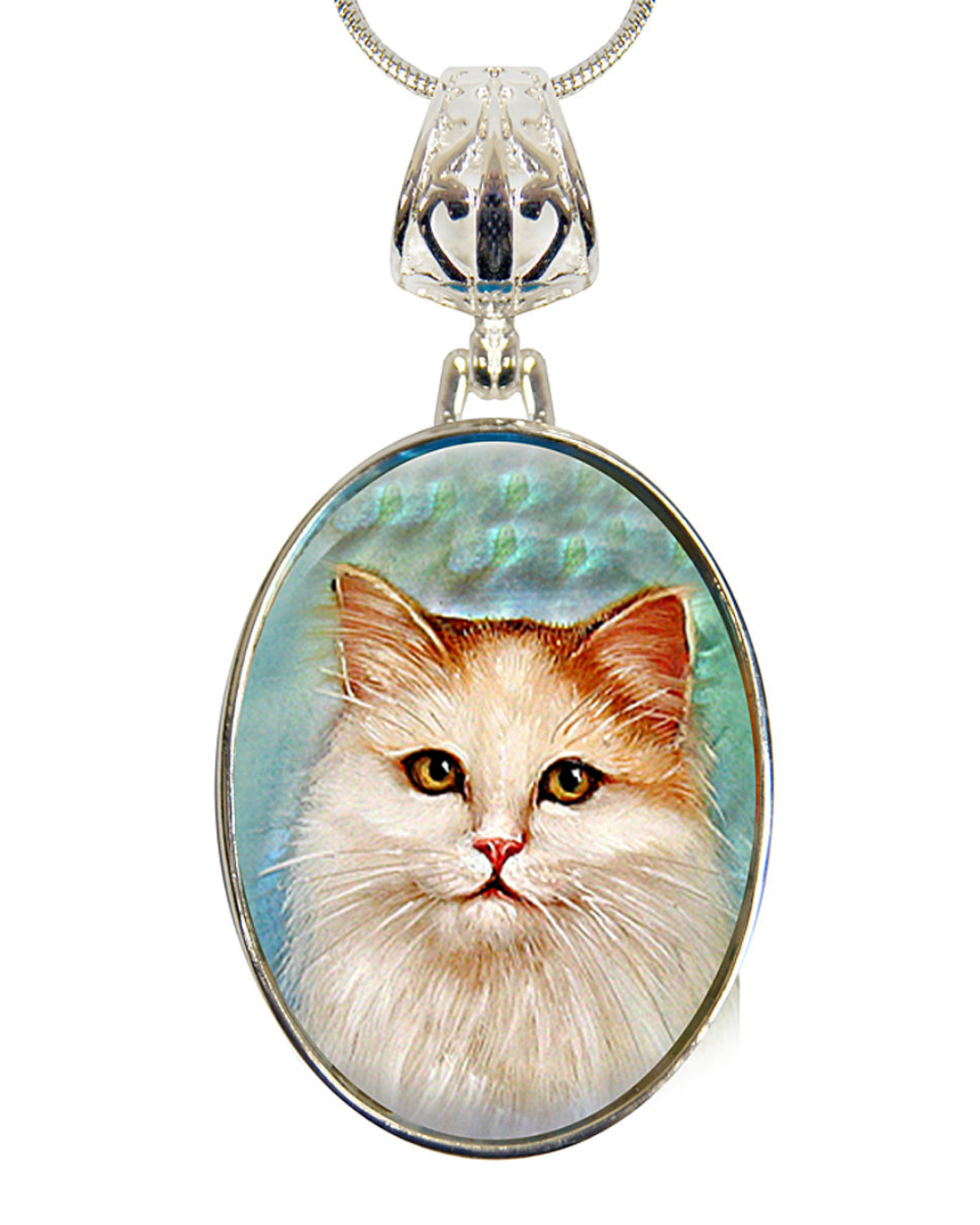 Tabby Cat Silver Plated Mother of Pearl Jewelry Pendant Necklace - 44015