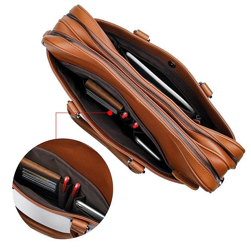 Double-Layer Zipper Bag With Tree Cream Leather Briefcase