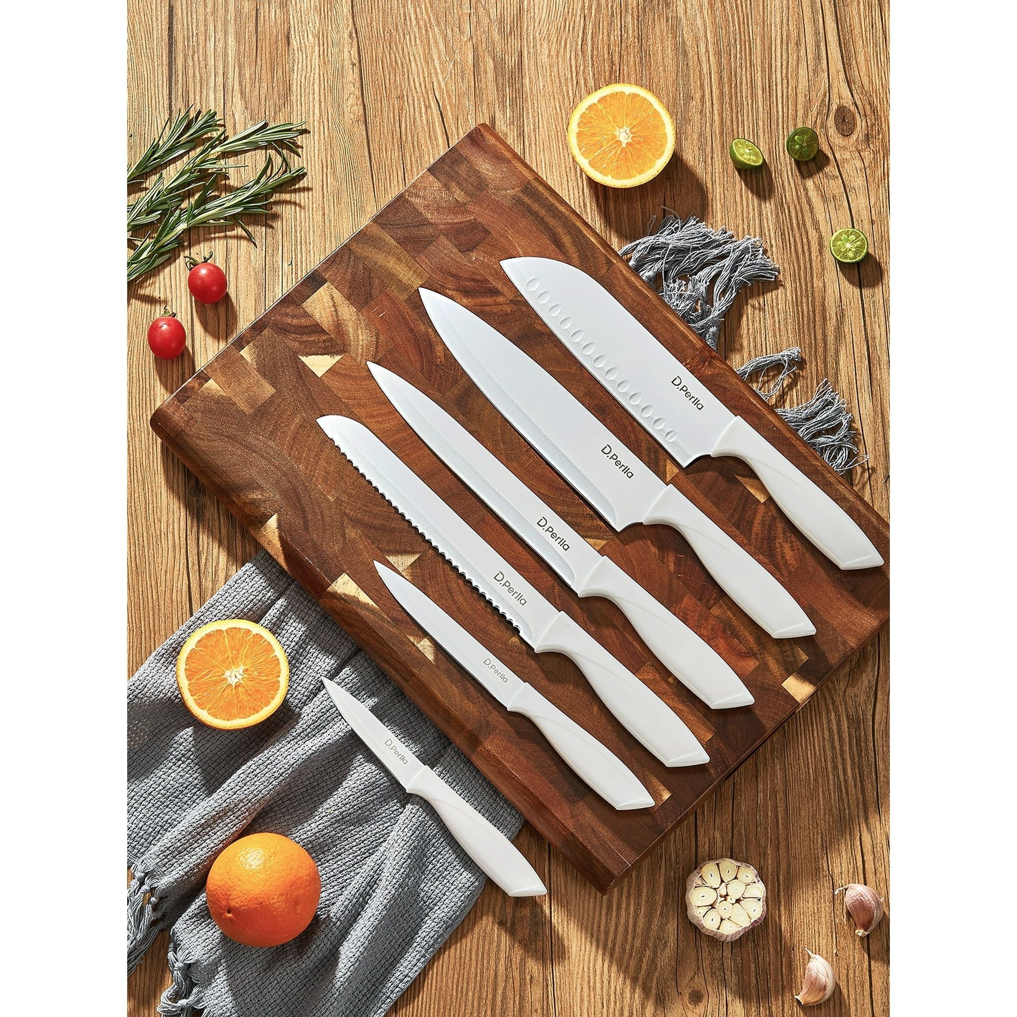 D.Perlla Knife Set 16 Pieces White Kitchen Knife Set with Acrylic Stand, High Carbon Stainless Steel, Non Stick Coated Knife Block Set, No Rust, Non Slip Handle, Sharp Knife