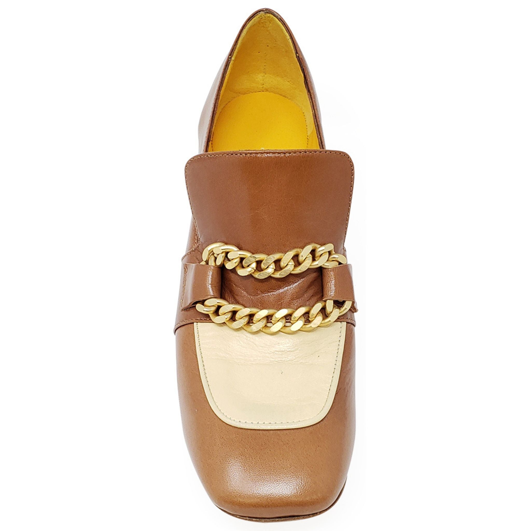 Tan & Cream Leather Mid Heel Loafer W/Chain