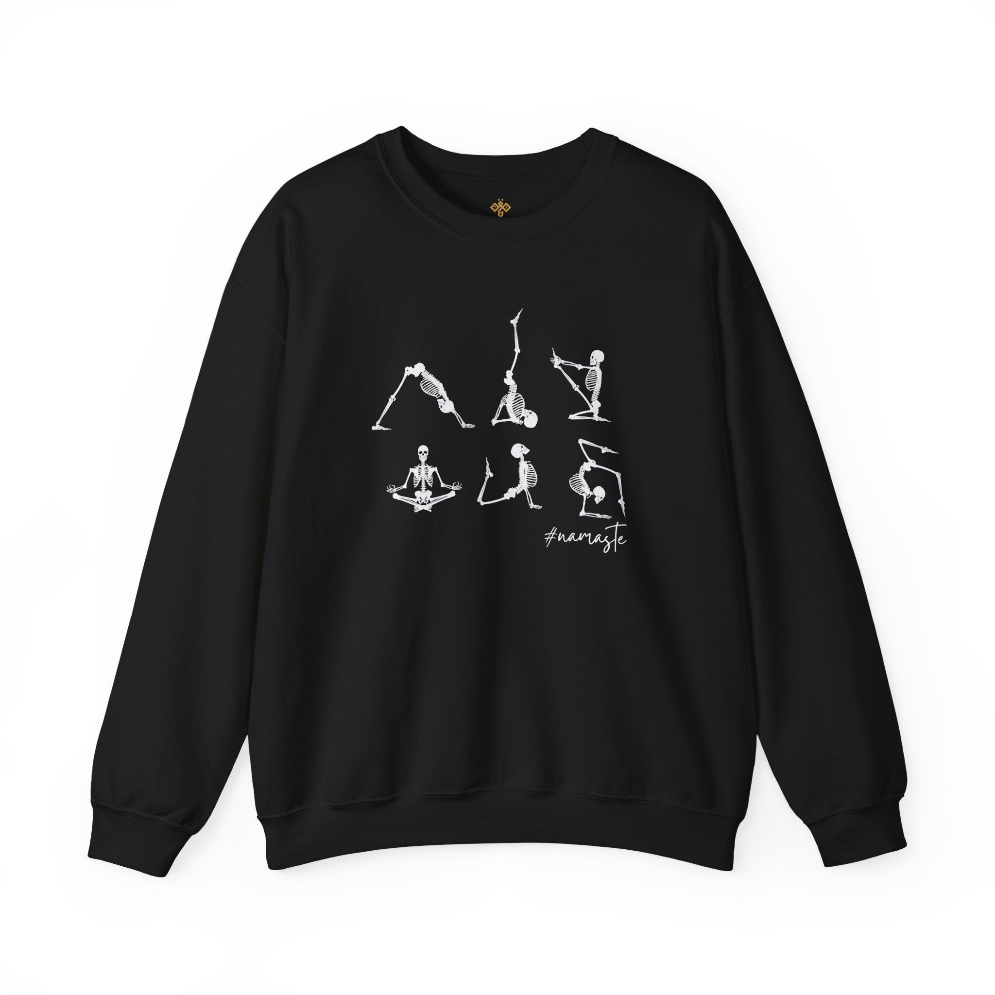 Namaste Halloween Yoga Skeleton Sweatshirt | Cozy Gildan Unisex Crewneck, Three Bees Co. Fall Fashion, Halloween Apparel, Spooky Season Essentials