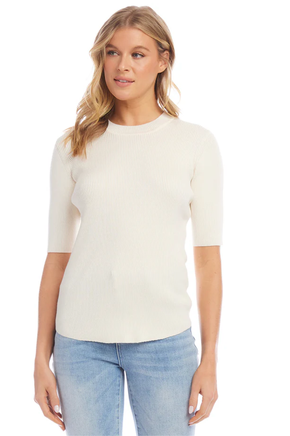 Short Sleeve Ribbed Sweater - Cream