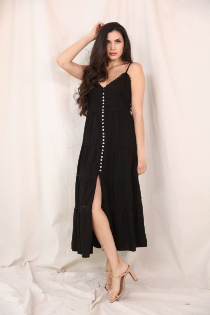 Button Front Maxi Dress in Black