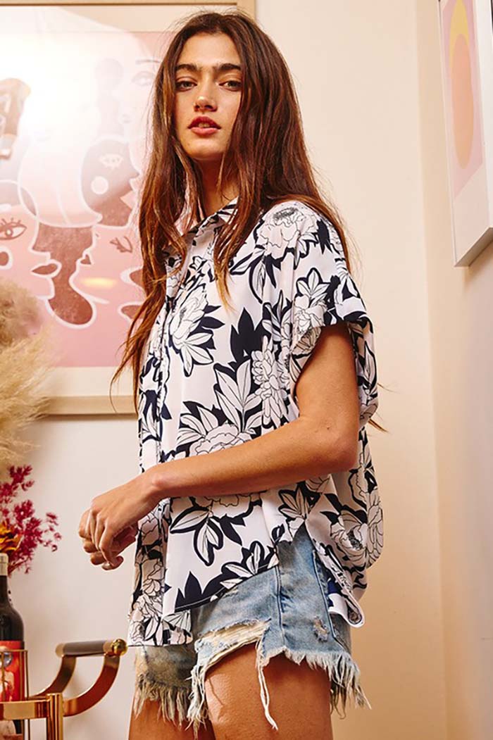 Short Dolman Sleeve Floral Woven Oversized Shirt