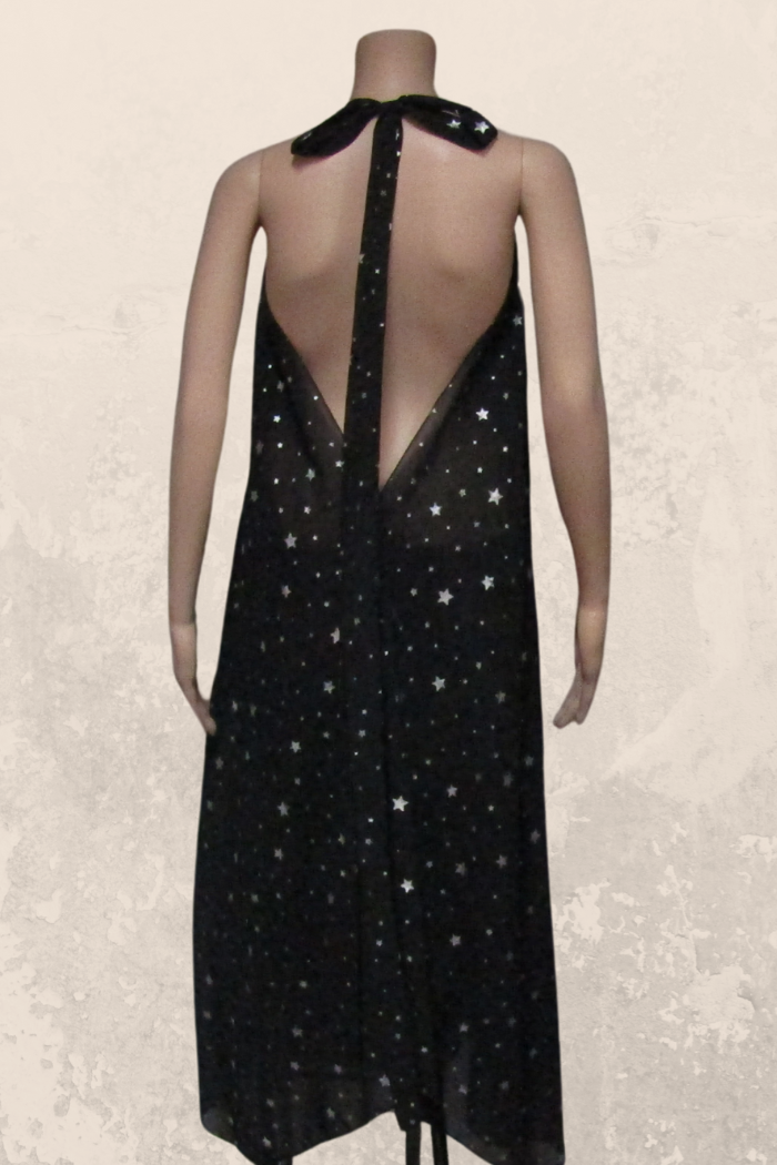 Sheer Halter Style CoverUp-Dress in a Silver Stars on Black Print