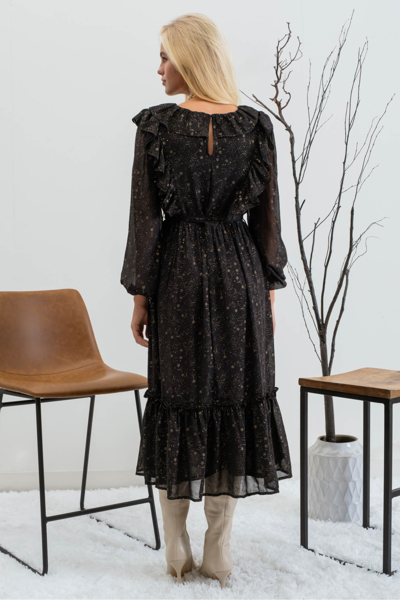 Shirred Chiffon Ruffle Midi Dress