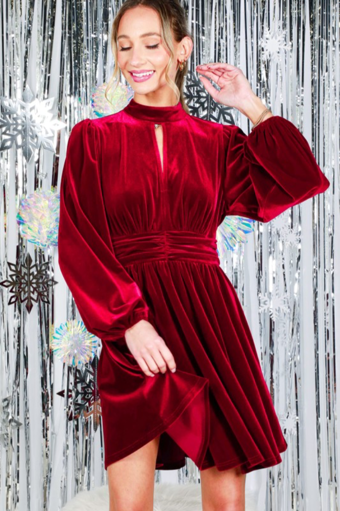 Shirred Waist Velvet Dress