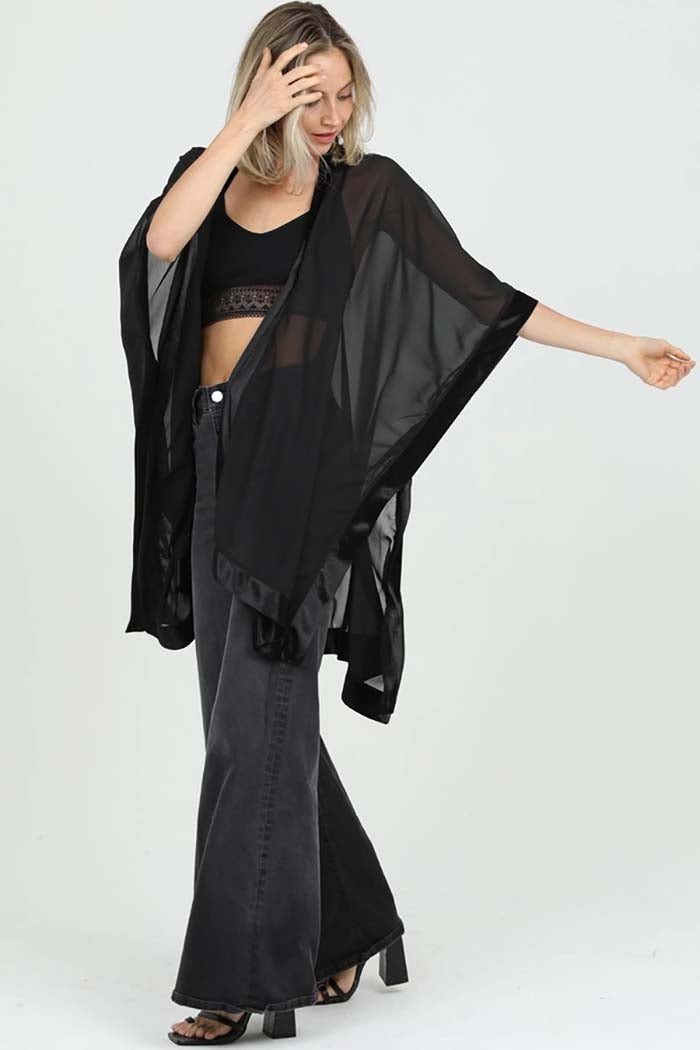 Sheer Kimono With Velvet Trim