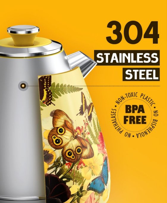 1.7L / 57.5 oz electric kettle food grade 304 stainless steel, instrument type dial thermometer flower watermark painting process fast boiling 1200W