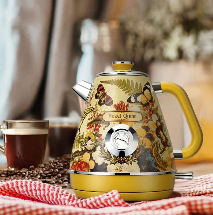 1.7L / 57.5 oz electric kettle food grade 304 stainless steel, instrument type dial thermometer flower watermark painting process fast boiling 1200W