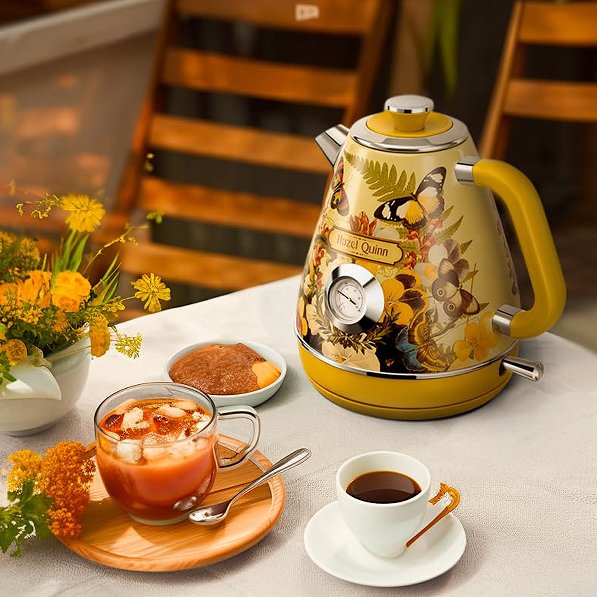 1.7L / 57.5 oz electric kettle food grade 304 stainless steel, instrument type dial thermometer flower watermark painting process fast boiling 1200W
