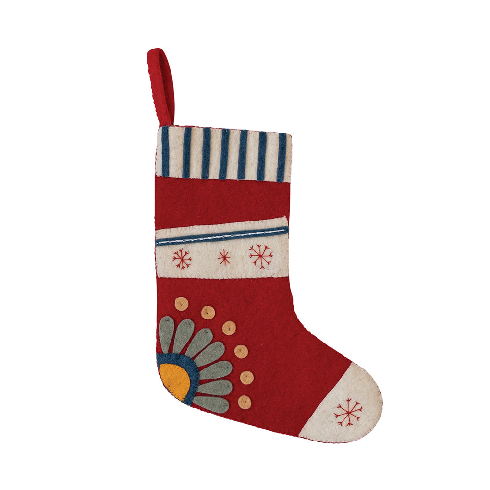 18"H Handmade Wool Felt Stocking w/ Embroidered Snowflakes & Flower