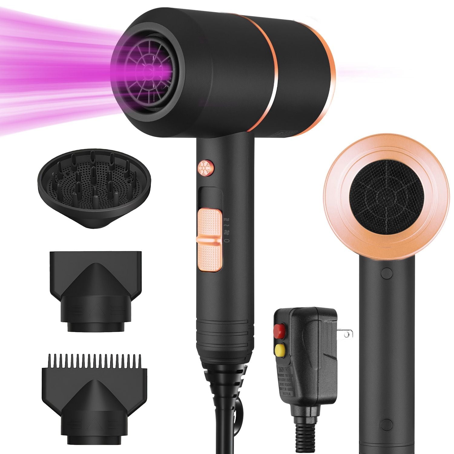1800W Hair Dryer Portable Compact Hair Blow Dryer with Cool/Warm/Hot Wind with Diffuser Concentrator/Comb Nozzle ALCI Plug Overheat Protection for Women Man Straight Curly Hair