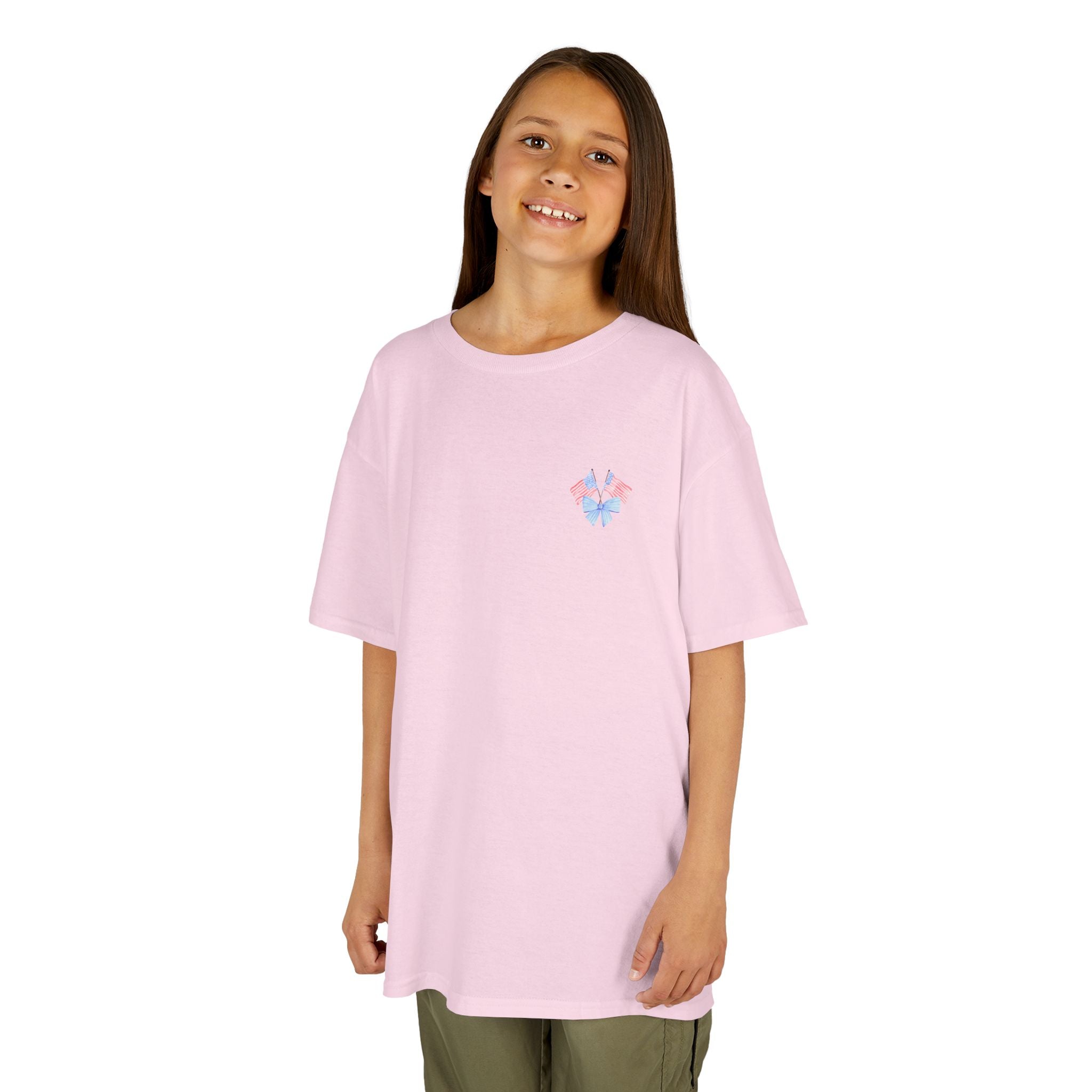 Bee Patriotic American Flag with Bow Girls Short Sleeve Youth Heavy Cotton Gildan Hive Tee