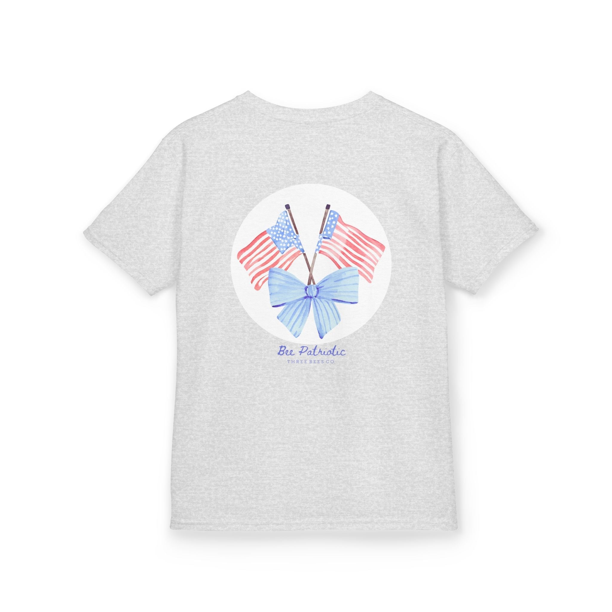 Bee Patriotic American Flag with Bow Girls Short Sleeve Youth Heavy Cotton Gildan Hive Tee