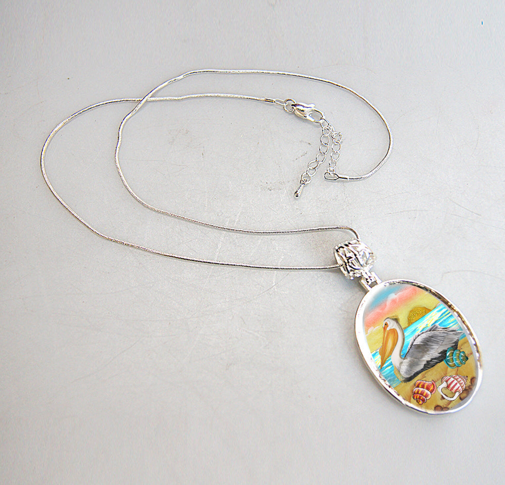 Pelicans Birds at Sea Silver Plated Mother of Pearl Jewelry Pendant Necklace Coastal - 44047
