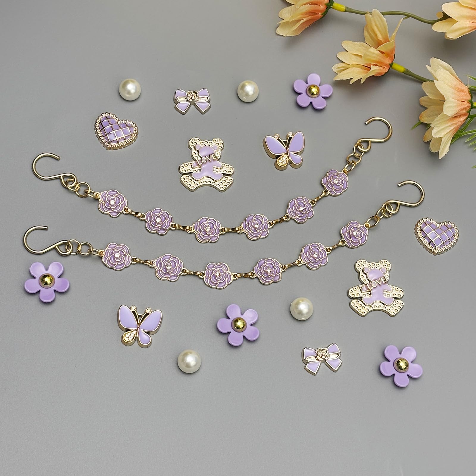 18Pcs Flower Shoe Chain Charms for Women, Bling Shoe Charms for Girls Clog Sandals, Girly Shoe Chains, DIY Shoe Decoration Accessories for Party Favor