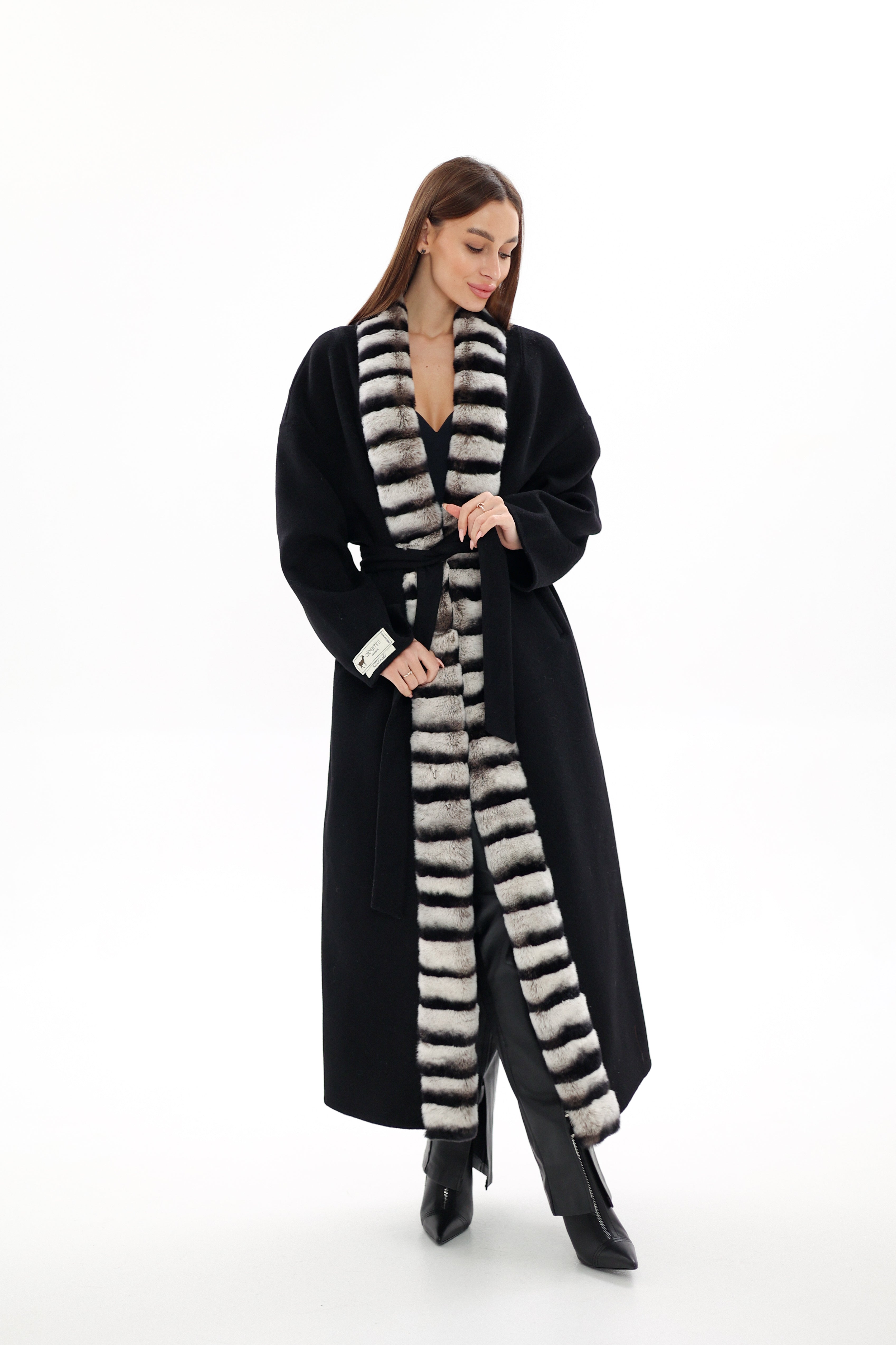 Genuine  French Orylag Fur Italian Cashmere Wool Coat 130cm