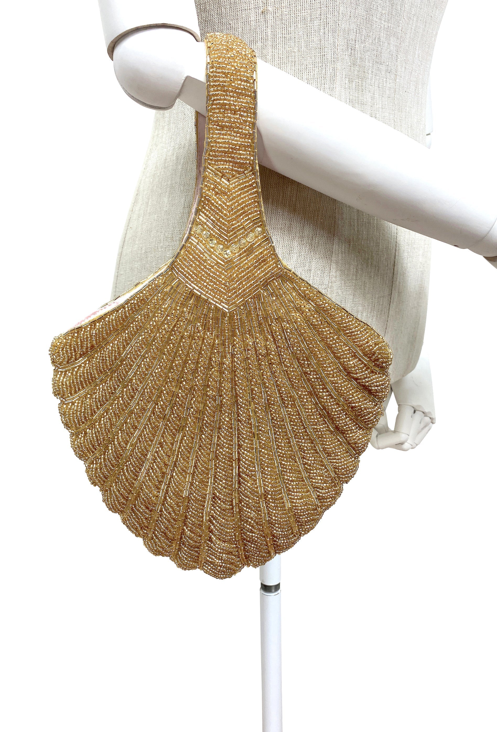 1920's Hand Beaded Deco Fan Wristlet Evening Tote - Large - Glamour Gold