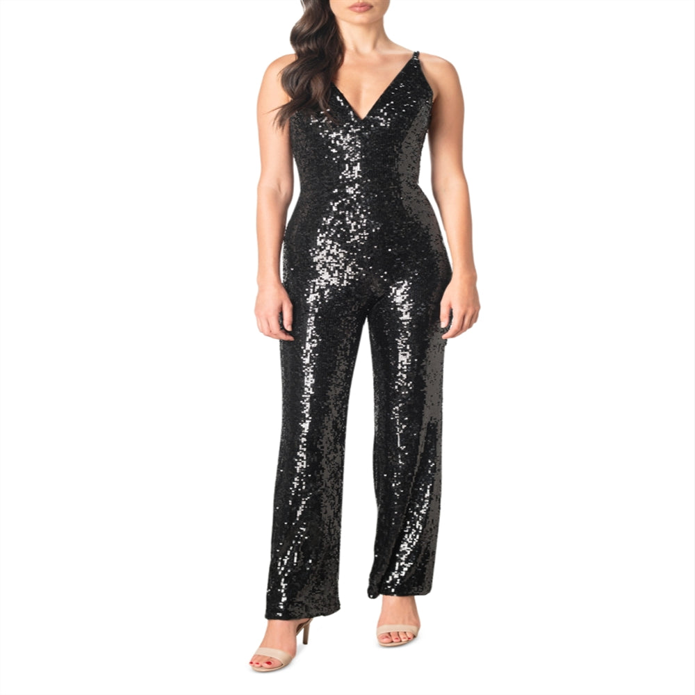 Dress The Population Women's Black Sequin V Neck Jumpsuit Size Medium by Steals