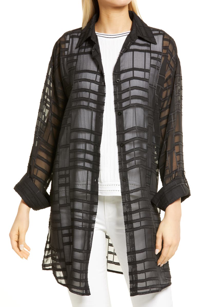 Ming Wang Black Sheer Tunic Blouse, Geo Texture, Size Large by Steals